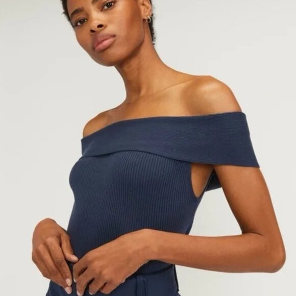 .. Everlane The Ribbed Cotton Off the Shoulder Top, Navy (M) - Picture 1 of 10